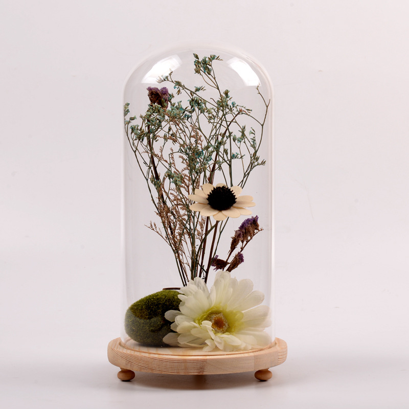 Factory Wholesale Custom Large Bell Glass Cloche Clear Glass Dome house With Wood Base for flower preserved