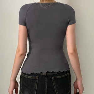 Y2K Vintage Lace <b>Patchwork</b> Square Neck Stretchy Knit Short Sleeve <b>Top</b> Summer Streetwear - Product Image 3