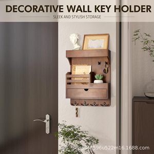 Wall Mounted Storage Rack With Drawer And <b>Hooks</b> For Keys Mail Plant Display Entryway Organizer Rectangle 3 Layers - Product Image 3