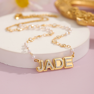 Collana di Perle Personalizzata <span class=keywords><strong>con</strong></span> <span class=keywords><strong>Nome</strong></span>, Ciondolo <span class=keywords><strong>con</strong></span> Lettera Personalizzata e Pietre CZ, <span class=keywords><strong>Catena</strong></span> Placcata Oro per Donne - Product Image 2