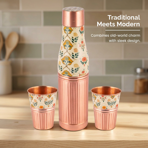 Jarra de Cobre Puro Esmaltada con Diseño Floral Mughal Ecológico Premium para Mesita de Noche, con 2 Vasos Acanalados Verticalmente, para el Hogar - Product Image 2