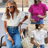 Chemisier et chemise personnalisés pour femmes, cardigan en dentelle à manches courtes, haut en coton, col en dentelle creuse, chemise à manches bulles pour femmes GIMILY
