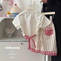 Conjunto de Ropa Infantil de Dos Piezas con Lazo, Estilo Coreano 2026, para Niña, Manga Corta - Atuendo de Verano Elegante y Moderno