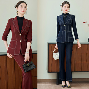 Women's Suit Set Navy Blue Two-Piece Formal Anti-Wrinkle Polyester Worsted Jacket Pants Professional Workwear - Product Image 1