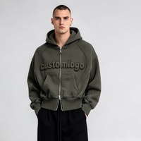Vente en gros Sweat à capuche zippé personnalisé pour homme, automne, olive, tricoté, lettres en relief, coupe droite ample, épais, 100% coton, streetwear