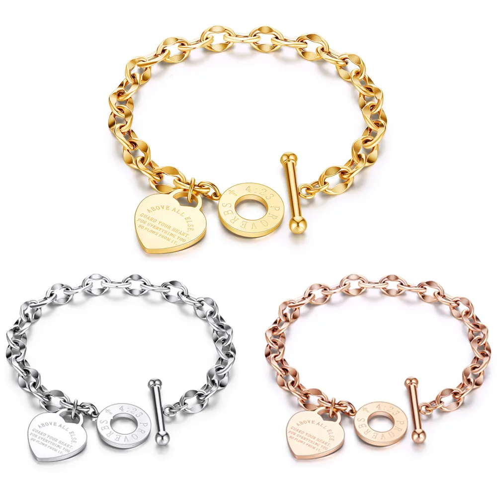 Stainless Steel Ot Buckle Custom Logo Letter Jewelry Chain Link Women Engraved Bible Verse Christian Heart Charm Bracelet