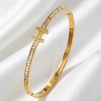 Gelang Baja Anti Karat Berlapis Emas 18K/Rose Gold dengan Kristal Rhinestone Oktagonal Berlapis Intan untuk Unisex, Trendi, Hadiah Ulang Tahun