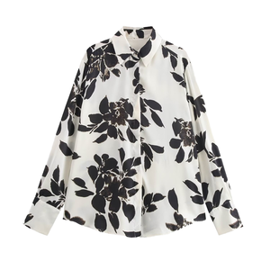 Nova Blusa Feminina de Cetim Estampada Floral Elegante Solta com Gola Lapela Manga Longa e Botões para o Verão 2026 - Moda Casual - Product Image 2