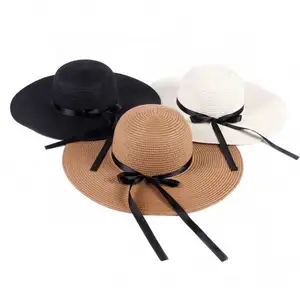Topi Pantai Wanita Pita Hitam Gaya Vintage Mode Baru Topi Matahari Jerami Musim Panas Gadis Topi Matahari Floppy