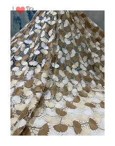 white, beige and brown leaf design cord lace for african aso ebi party dress