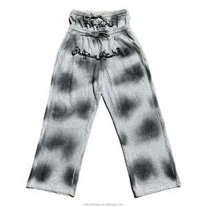カスタムスクリーン印刷ヘビー級ヒップホップ酸洗浄日色あせたラインストーンクライタルダブルウエストワイド脚フレアスウェットパンツ - Product Image 3
