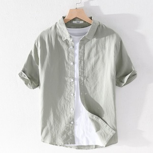<span class=keywords><strong>2023</strong></span> d'été Offre Spéciale Hommes De Chemise à Manches courtes Solide Couleur Sueur Absorbant Chanvre T Shirt Personnalisé Conception Logo Chanvre Vêtements Chemise - Product Image 1