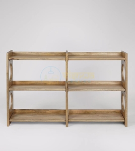 Solstice Double Cutout <b>Solid</b> <b>Wood</b> Bookshelf Wide Three Tier Open Shelving Unit with Round Carved Panels Modern Home Furniture - Product Image 2