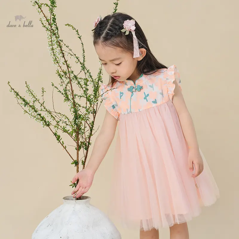 DB2240334 DAVE BELLA Children Girls Fashion Style Dress 2024 Summer New Baby Girls Cute Sweet Mesh Party Princess Dress