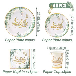 TwinBlaze Eid Mubarak Set Peralatan Makan Sekali Pakai 40-Piece, Piring Kertas Ramadan, Gelas, Serbet, Dekorasi Meja untuk Pesta - Product Image 6
