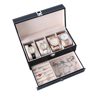 Boîte à montres multifonctionnelle en cuir PU doublée de velours, 4 emplacements, double couche, étui de rangement pour bijoux, tiroir organisateur de bagues