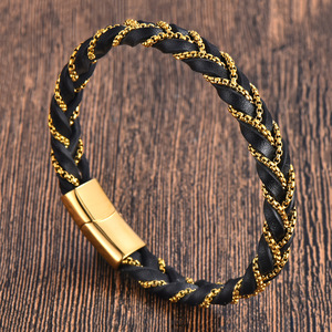 Bracelet en cuir tressé double couche fait main pour homme, cuir de vachette noir et acier inoxydable - Product Image 1