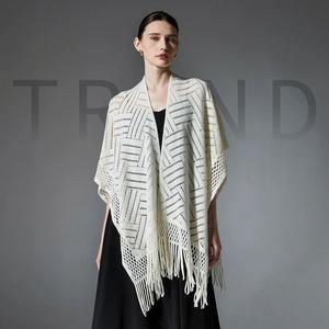 Hollow Out Knitted Tassel <b>Poncho</b> Shawl for Women Nordic Minimalist Open Front <b>Cape</b> Wrap Breathable Cover Up Casual Daily Shawl - Product Image 1