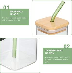 Gobelet en verre carré moderne avec couvercle en bambou et paille réutilisable 400 ml, compatible micro-ondes, couleurs personnalisables, logo personnalisé, pour toutes les saisons - Product Image 6