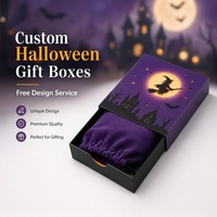 Boîte cadeau personnalisée en carton violet et noir à motif sorcière pour Halloween et la Saint-Valentin, avec pochette à cordon en velours et impression typographique