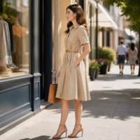 Robe chemise midi décontractée pour femme, beige unie, en polyester/coton, coupe ajustée, manches courtes, boutonnée sur le devant, avec ceinture contrastante, style A-line, toutes saisons