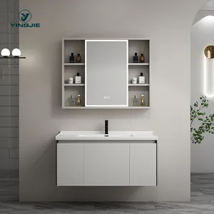 design plywood vanity with led smart mirror ceramic wash basin for hotel bathroom