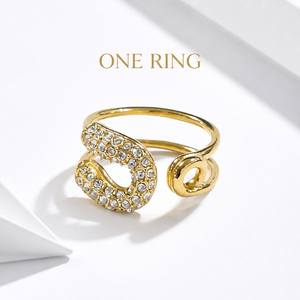 Bague ouverte en spirale en zircon, en acier inoxydable plaqué or 14 carats sous vide, ajustable, asymétrique, style statement - Product Image 1