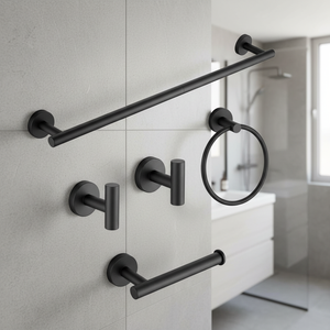 Ensemble de quincaillerie de salle de bain noir mat de haute qualité, porte-serviettes, anneau de serviette, crochets pour peignoir et porte-papier - Product Image 1
