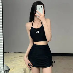 Baju renang wanita modis terbaru pakaian renang bikini seksi baju renang lengan panjang baju renang tali halter gaun pantai serut