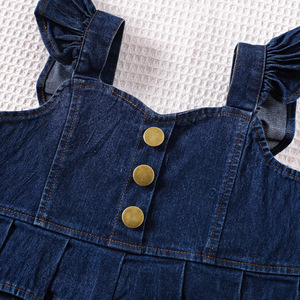 Nouvelle <span class=keywords><strong>jupe</strong></span> plissée décontractée en jean pour filles, col rond uni, avec ceinture à volants et boutons au dos, pour l'été - Product Image 3