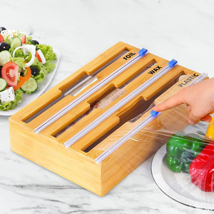 Bamboo Divider Wall Mounted Plastic Bag Dispenser With Cling Film And Wax <b>Paper</b> Storage For <b>Kitchen</b> Organization - Product Image 3