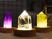 Lámpara de Noche de Cristal Natural en Forma de Columna, Lámpara de Cristal Hexagonal LED, Adorno Decorativo con Base de Madera, Alimentado por USB