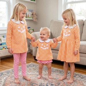 Wholesale <strong>Halloween</strong> Holiday <strong>Baby</strong> Girl Leggings Set Woven Orange Gingham Long Sleeve Top and Bloomer Set Sister Matching <strong>Outfits</strong> - Product Image 1