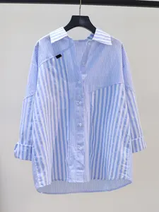 Atacado 2023 Moda Primavera e Outono Lazer Confortável Irregular Stripe Emendado Solto Longo Manga Camisas de Algodão das Mulheres