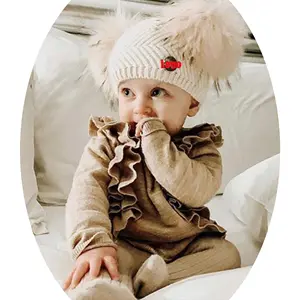 Janefur Hete Verkoop Winter Nieuwe Angora Wasbeer Bontbal Babyhoeden In Voorraad Kids Dubbel Bont Pom Pom Gebreide Muts