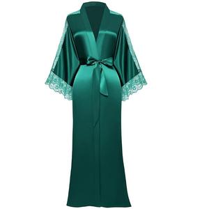 Womens Solid Colored silk long robe long silk womens robes silk night gown with robe long lace sleeves