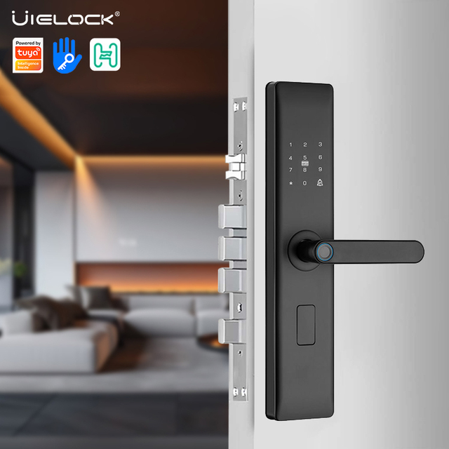 UIELOCK D1-9 Smart Tuya App Remote Control Wood Door Lock with Fingerprint Password Key RFID & Anti-Peeking Features