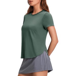 Camiseta Deportiva Holgada para Mujer, Color Verde Militar, Talla XL, Cuello Redondo, Asimétrica, Absorbe el Sudor, Secado Rápido, para Yoga - Product Image 1