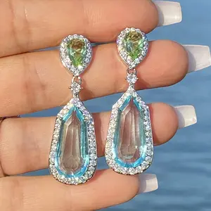 CSE1074顶级时尚立方锆石耳环海蓝绿色手工大水晶锆石结婚耳环