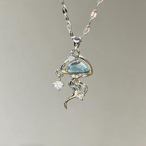 S925 Pure Silver Elegant Pearl Sea Blue Water Drop Pendant <b>Necklace</b> Blue Diary Elegant Gold <b>Sweet</b> Home Shi Memorial Treasure - Product Image 2