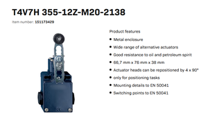 ลิมิตสวิตช์ SCH MERSAL รุ่นดั้งเดิม T4V7H 355-12Z-M20-2138 151173429 พร้อมคันโยกแบบลูกกลิ้ง - Product Image 3