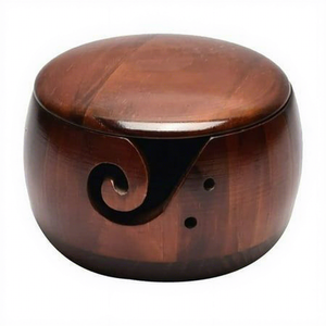 Wooden Yarn Bowl Round Simple Design Portable 15cm for Hand Knitting Convenient Storage with Blue and White Yarn Inside - Product Image 3