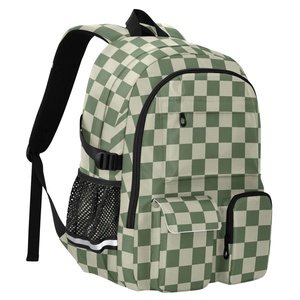 Sac à dos d'étudiant rembourré pour ordinateur portable de 17 pouces, motif à carreaux vert multi-poches, logo personnalisé, sac à dos de voyage pour l'école avec sangle de bagage - Product Image 1