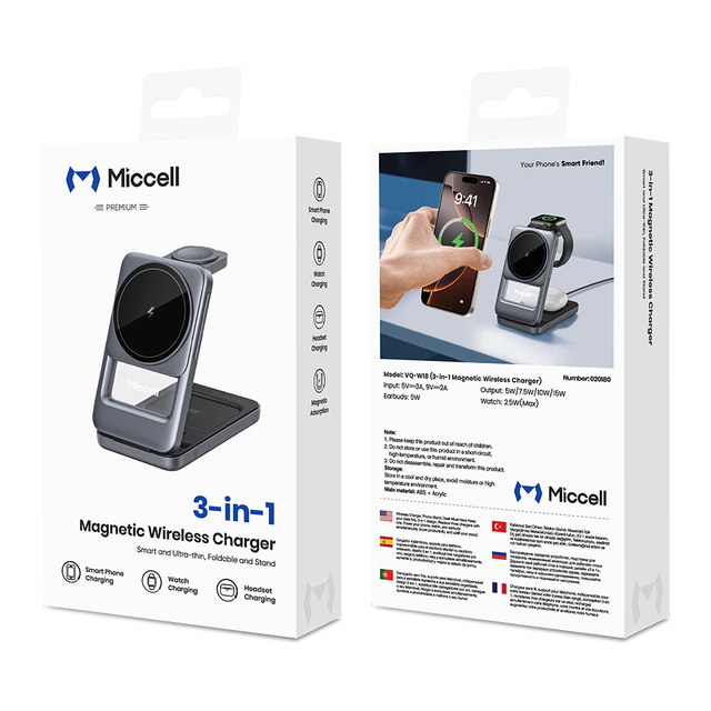 Miccell W18 3-in-1 Magnetic Wireless Charger 15W Fast Charging Station for IPhone/Smartwatch/Earbuds with Foldable Stand