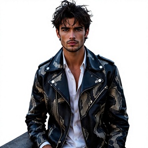 Blouson moto en cuir de vachette imprimé serpent pour homme, col rabattu, fermeture éclair, coupe classique, idéal pour l'automne, logo personnalisé disponible - Product Image 4
