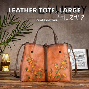 Sac fourre-tout vintage en cuir véritable pour femme, imperméable, portable, couleur patinée, avec fermeture éclair, sensation haut de gamme, grande capacité, multiples compartiments - Product Image 2