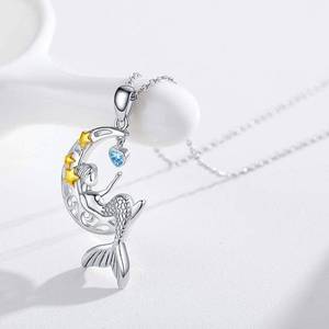 Joyería fina plata esterlina 925 azul corazón circón dos tonos plateado media luna y Sirena colgante collar - Product Image 3