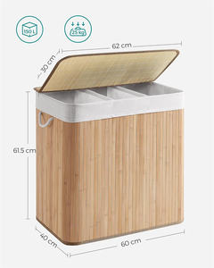 150 L 3 compartiments couvercle à clipser panier à linge en bambou pliable avec poignées pour buanderie, chambre et salle de bain - Product Image 6