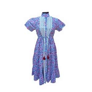 Vestido Boho de Algodón con Estampado Floral, Cuello Mandarín, Detalles de Borlas, Manga Corta, Corte en A, Mini, Sencillo, para Uso Diario en Verano - Product Image 1