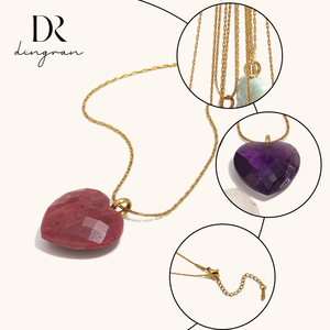 Collana con Ciondolo a <span class=keywords><strong>Cuore</strong></span> in Pietra Naturale Placcata Oro 18K in Acciaio Inossidabile Dingran per Donna, Ametista, Giada, Occhio di Tigre, Cristallo - Vendita all'Ingrosso - Product Image 4